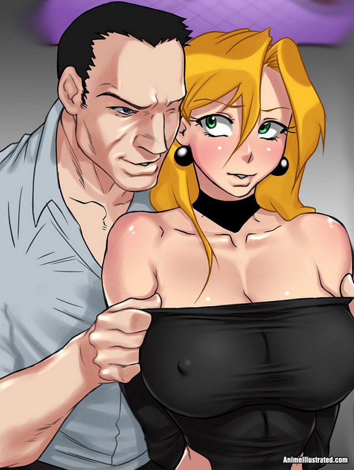 откровенное аниме, мужчина снимает блузку с большой груди блондинки