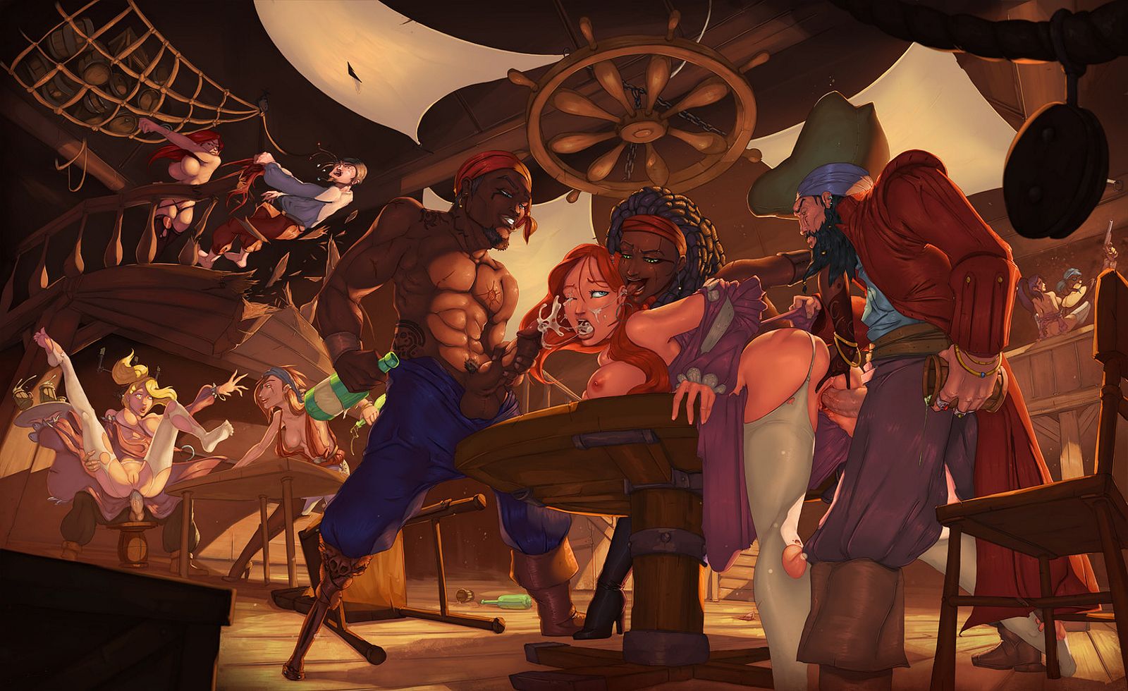 пираты развлекаются с девицами в припортовом кабаке, картинка порно аниме