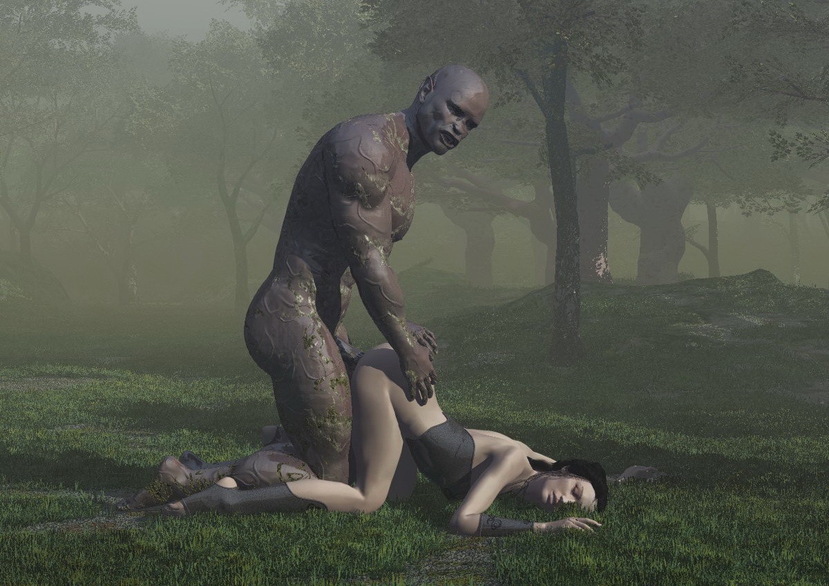 зомби трахает на лугу женщину-охотника стоящую в позе для собачьего секса