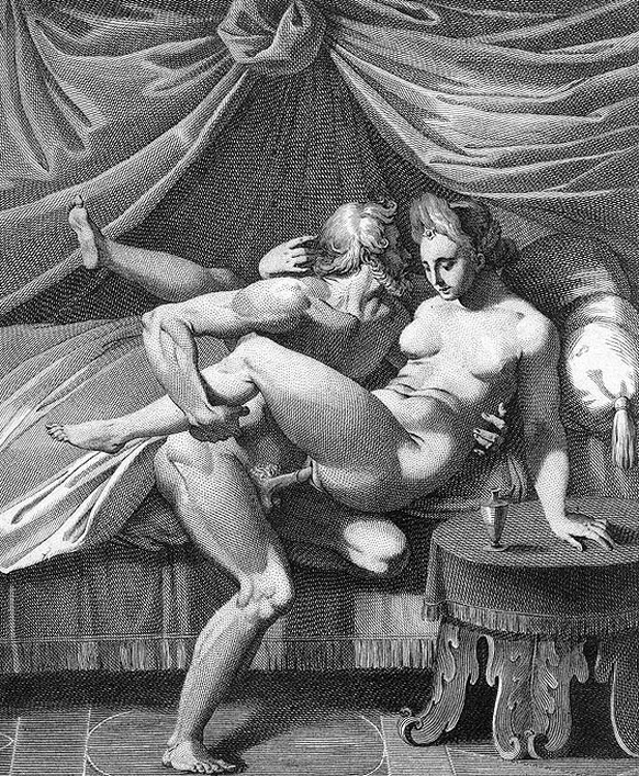 женщине на кровати в позе полусидя вставляют член в вульву, старинная эротическая гравюра