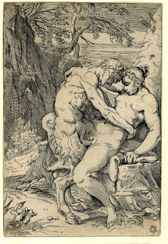 секс сатира вставляющего свой член во влагалище женщины, старинная эротическая гравюра