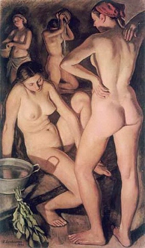 четыре обнаженных женщины моются в бане. эротическая живопись и графика, ню, живопись