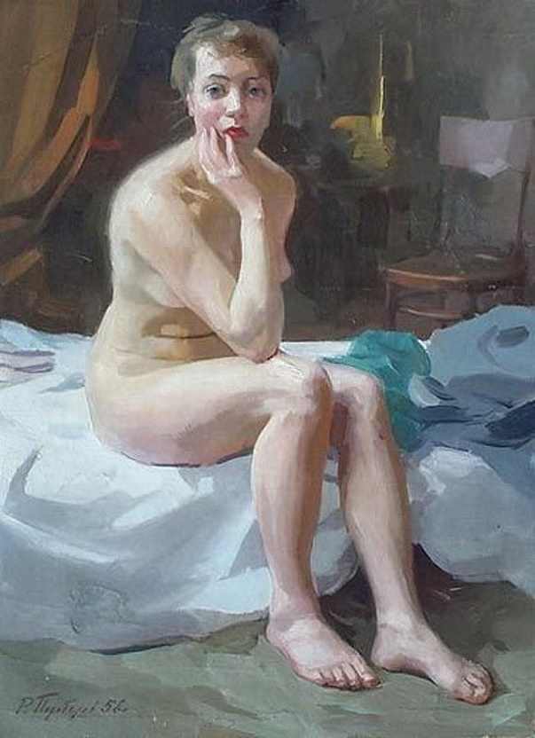 грустная зрелая женщина голышом сидит на кровати прижав руку к лицу. эротическая живопись и графика, ню, живопись
