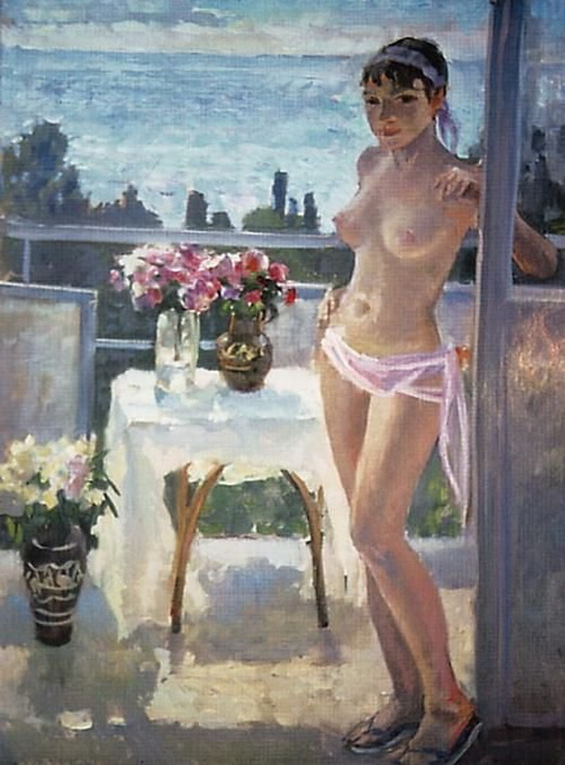 девушка топлесс стоящая у балконной двери. эротическая живопись и графика, ню, живопись