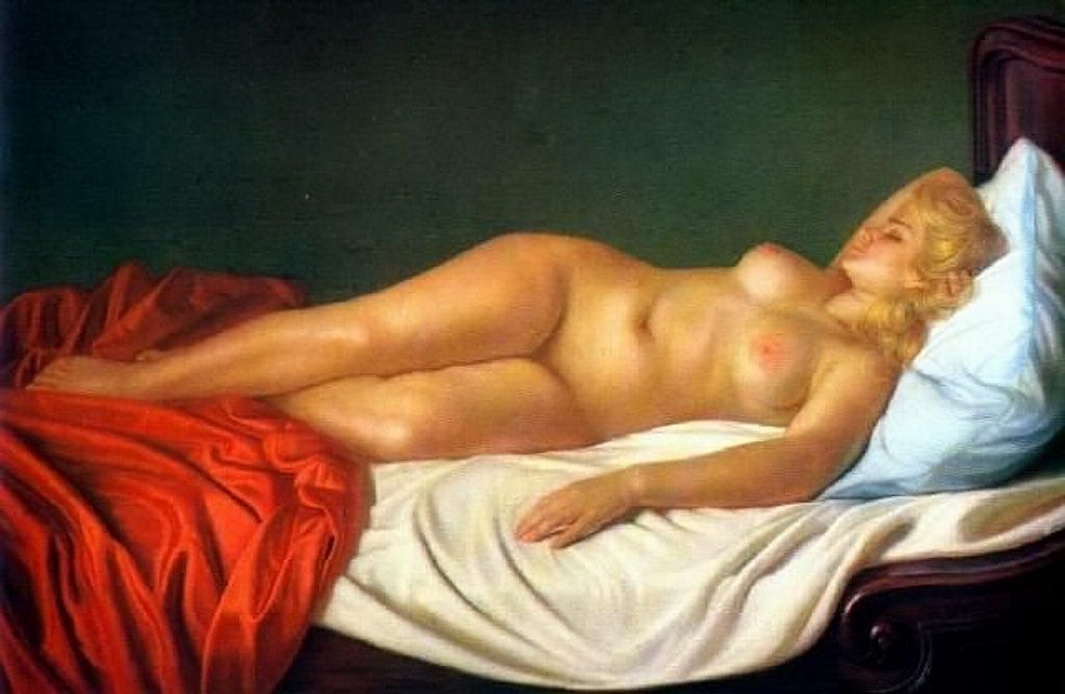 спящая на кровати толстая блондинка в неглиже. эротическая живопись и графика, ню, живопись