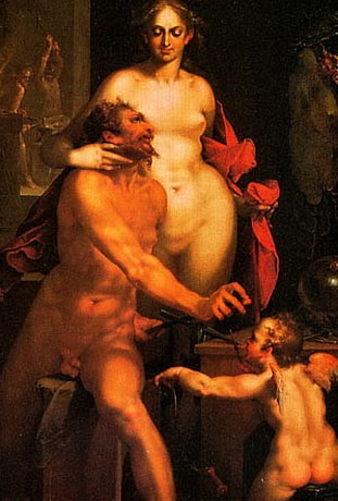 голая женщина ласкает дьявола, эротический рисунок