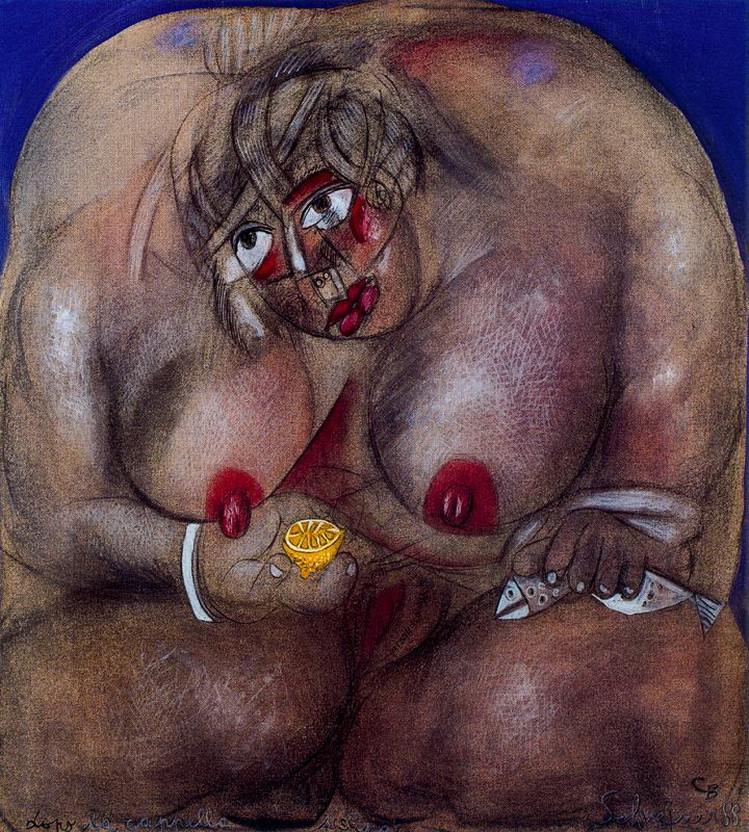 толстая голая тетка с лимоном и воблой, рисунок секса