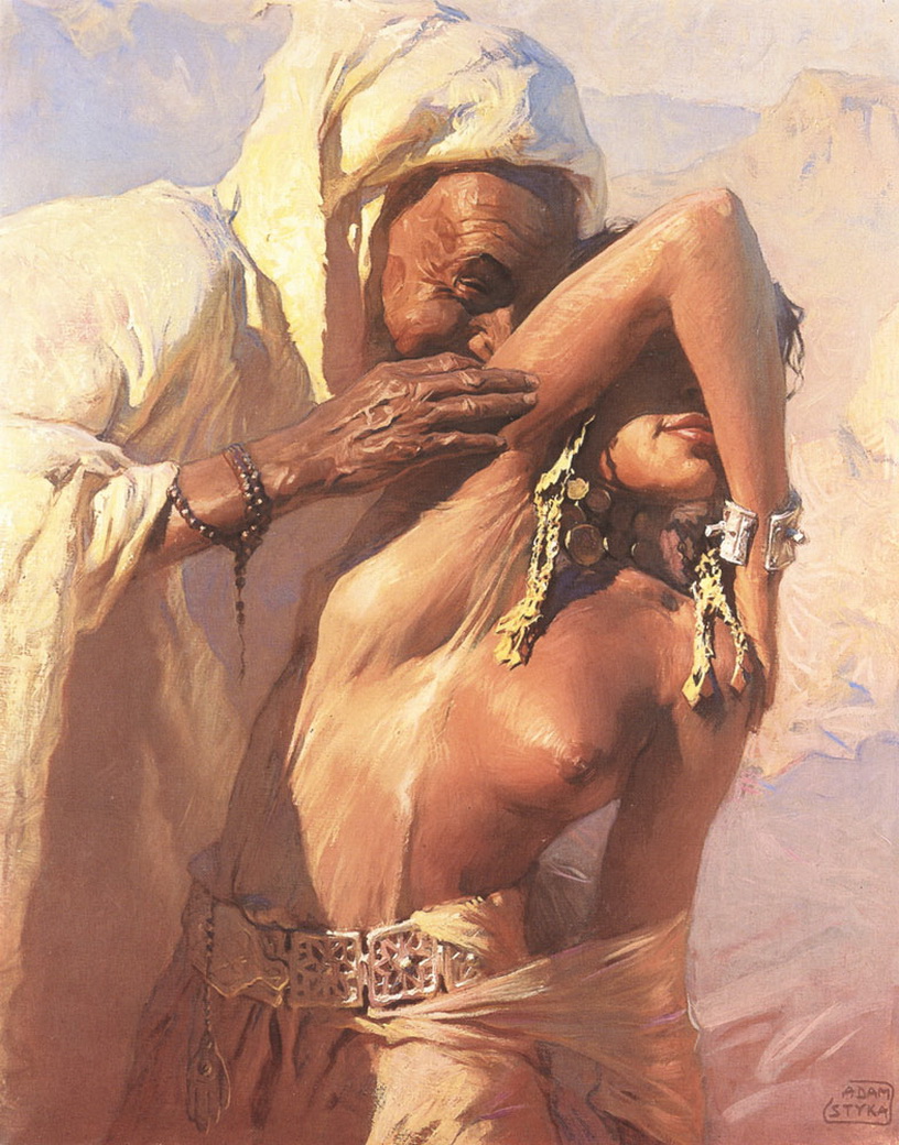 В пустыне, старый араб домогается голой девушки, рисунок секса