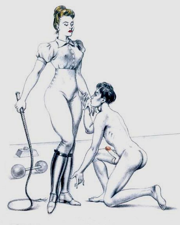госпожа с кнутом и стоящий перед ней на коленях голый мужчина, порно арт, порно рисунок