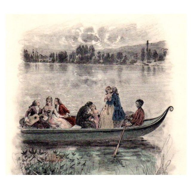 романтическое катание на лодке группы молодых дворян с гитарой и голыми сиськами, порно арт, порно рисунок