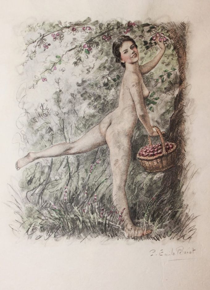 обнаженная девушка собирает плоды с фруктового дерева, порно арт, порно рисунок