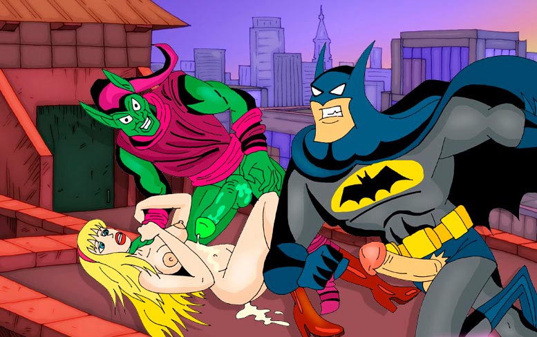 Бэтмен сражается со злодеем насилующем пышную голую блондинку