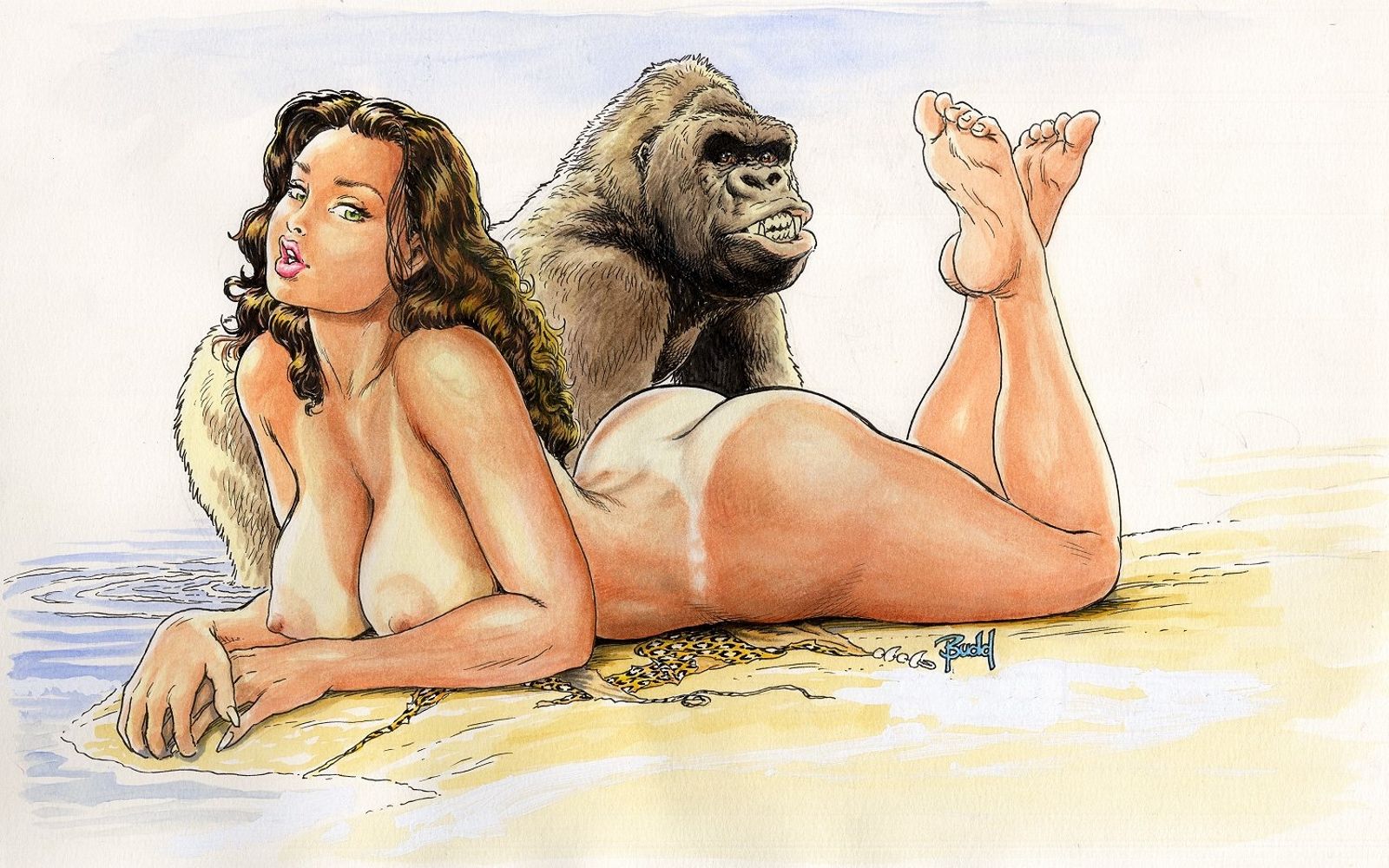 гола Джейн Портер лежит на берегу после секса с обезьяной, рисунок Тарзан порно