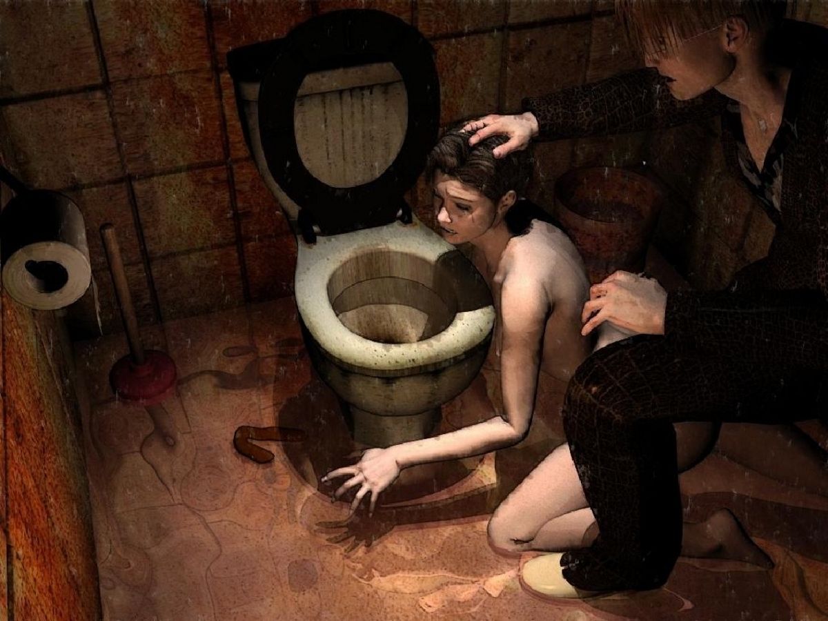 жестокий секс, эрогуро, голую девушку в засранном туалете запихивают головой в унитаз  