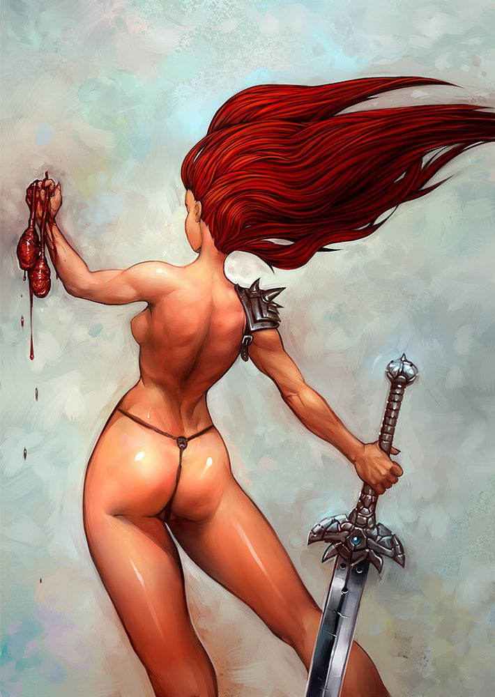 жестокий секс, гуро, голая девушка-воин в набедренном пояске, с мечом и отрезанными яичками в поднятой руке