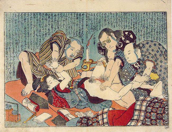 жестокий секс, три японца трахают женщину на старинной гравюре