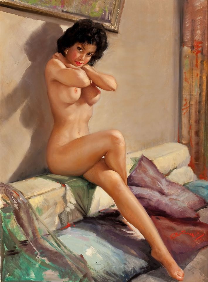 голая красотка на спинке дивана, масло, картинка эротической графики
