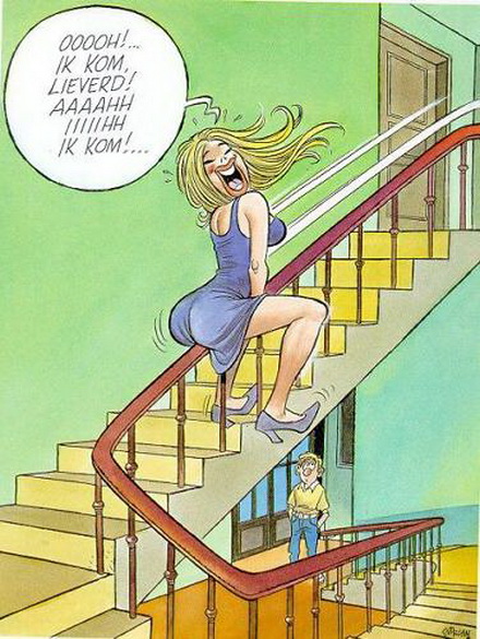 кайф. женский оргазм во время катания на перилах лестницы. порноприкол
