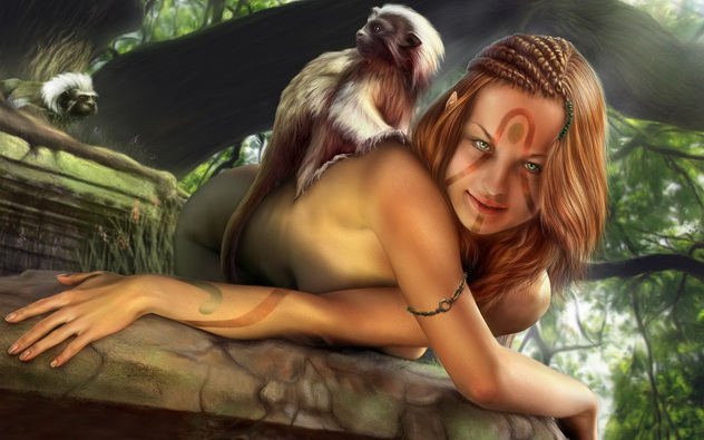 девушка в боевой раскраске со своей ручной обезьянкой, фэнтези девушка воин