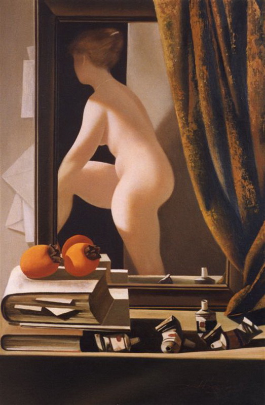 Отражение, силуэт голой женщины отражается в зеркале на столе, живопись голые женщины и животные