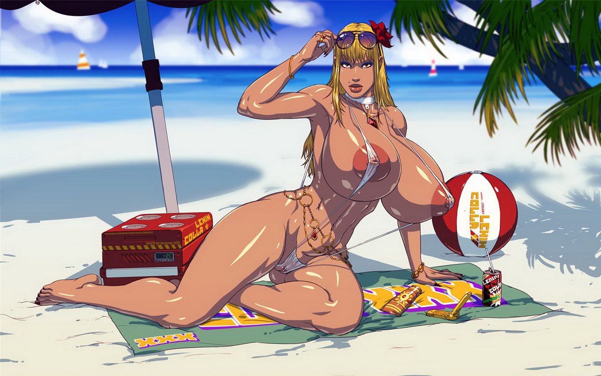 обои с рисованной эротикой, блондинка с огромными сиськами в растянутом купальнике на пляже под пальмой. фоновый рисунок для телефона