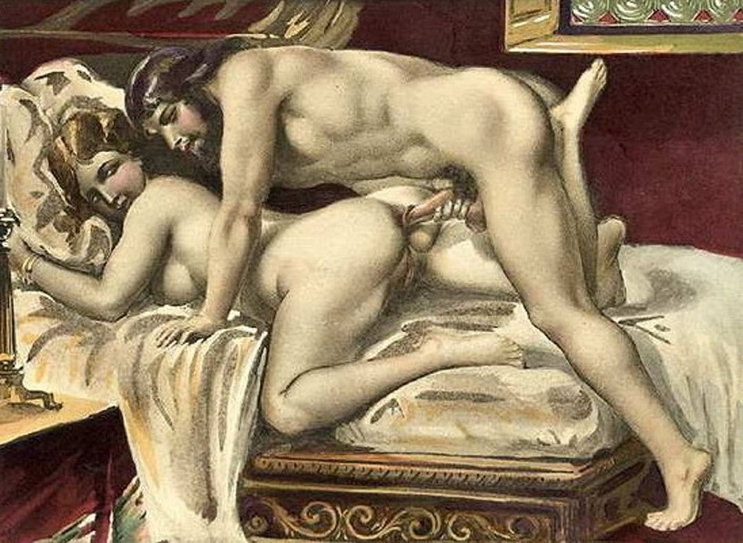 старинная гравюра с анальным сексом лежащей на животе полной женщины и бородатого мужчины